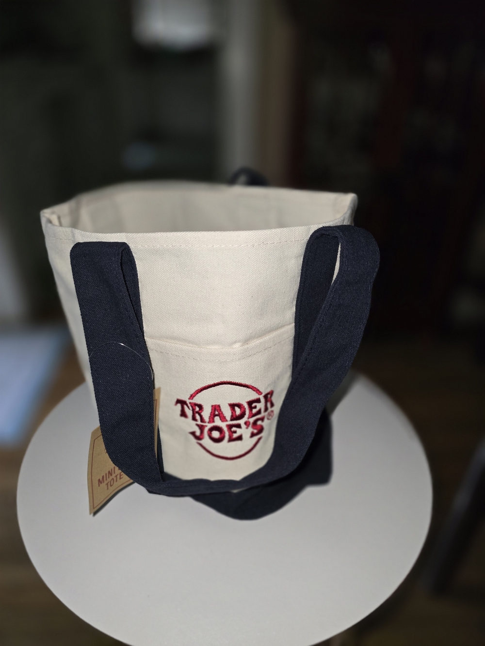 Trader Joe's Cream Canvas Mini Tote with Navy Handles Limited Edition!